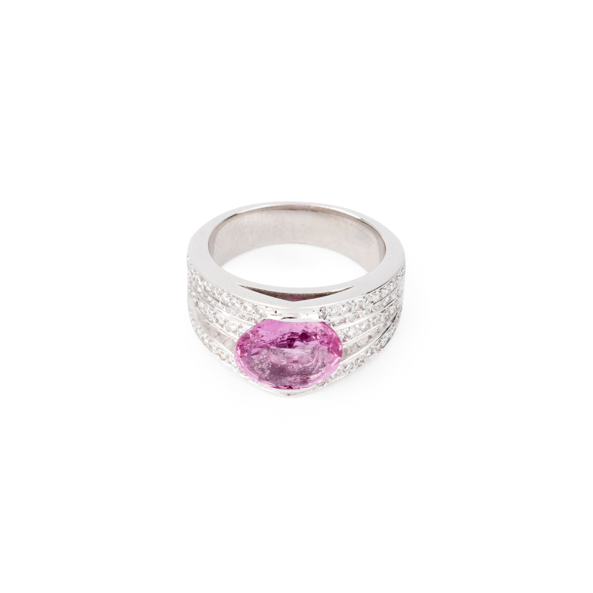 Grey gold ring with pink sapphire