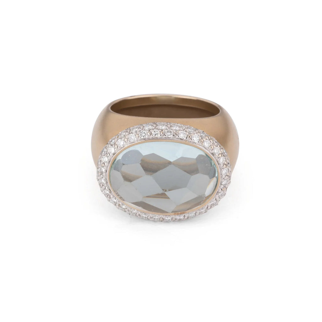 Pomellato Italian designer pink gold frosted ring set with an aquamarine