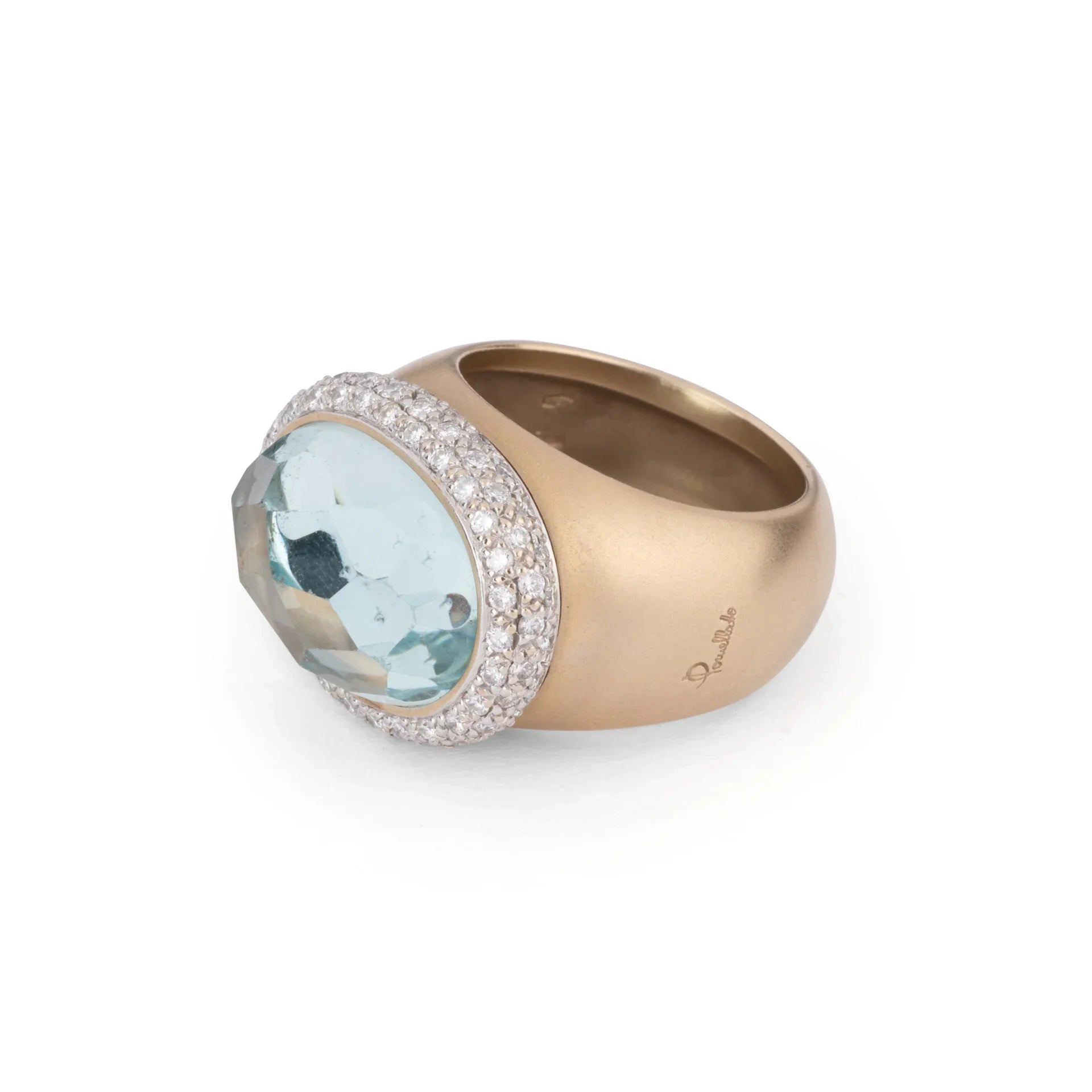 Pomellato Italian designer pink gold frosted ring set with an aquamarine
