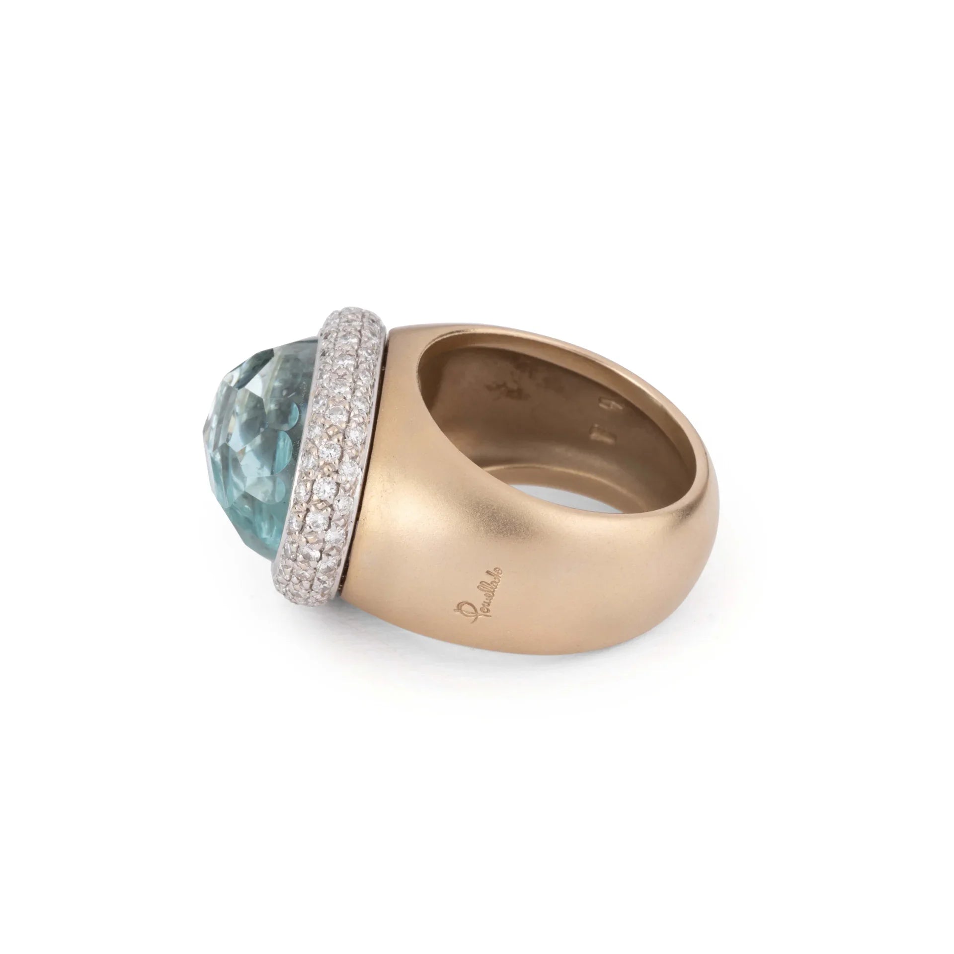 Pomellato Italian designer pink gold frosted ring set with an aquamarine