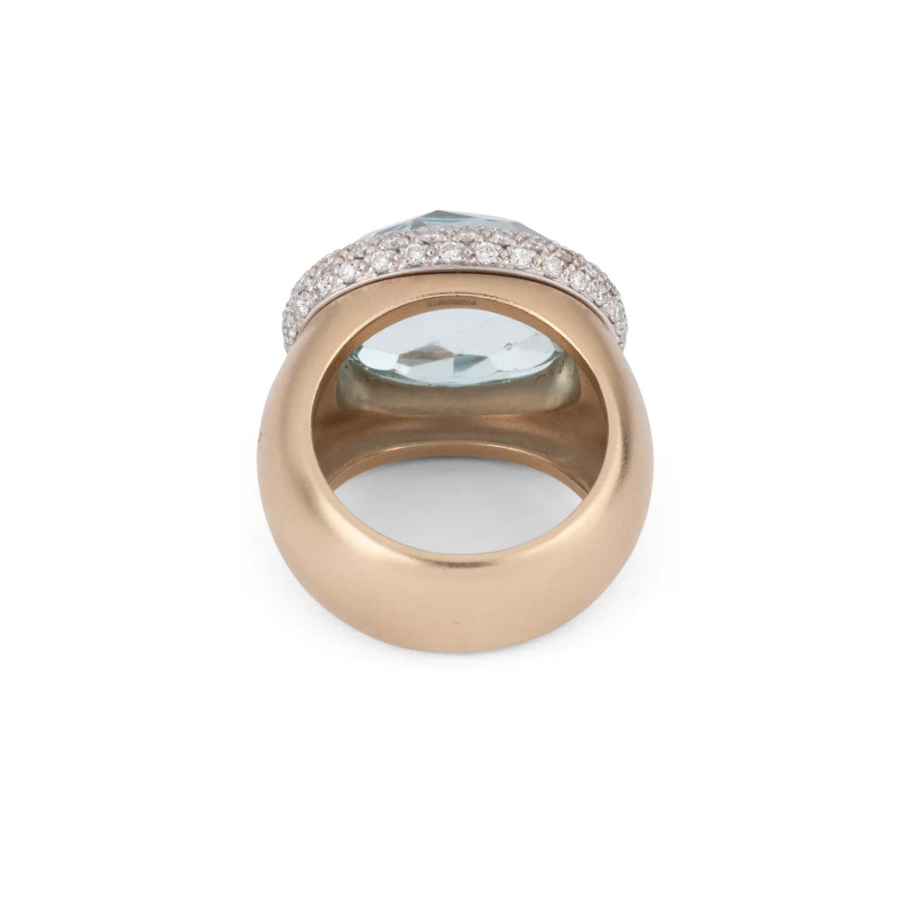 Pomellato Italian designer pink gold frosted ring set with an aquamarine