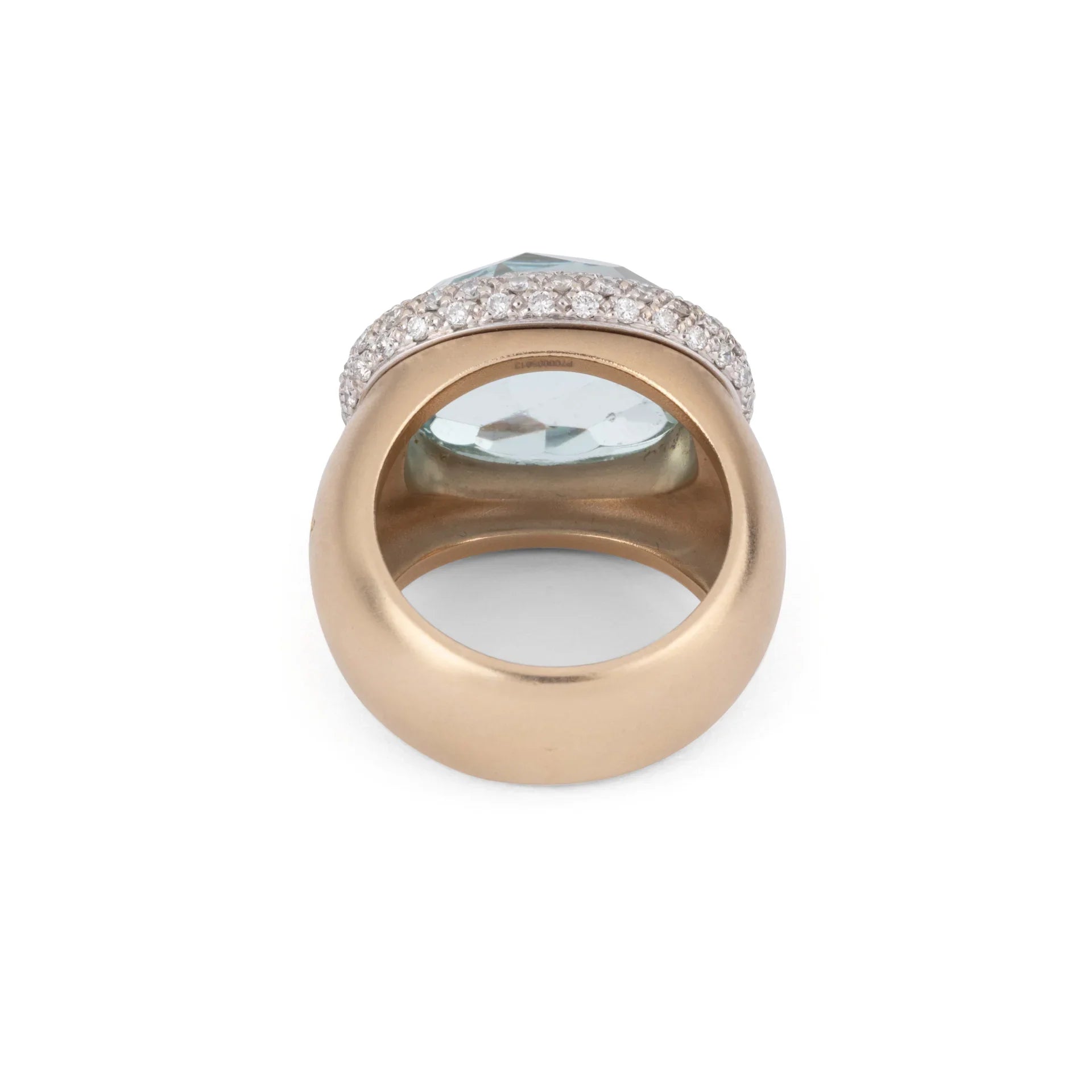 Pomellato Italian designer pink gold frosted ring set with an aquamarine