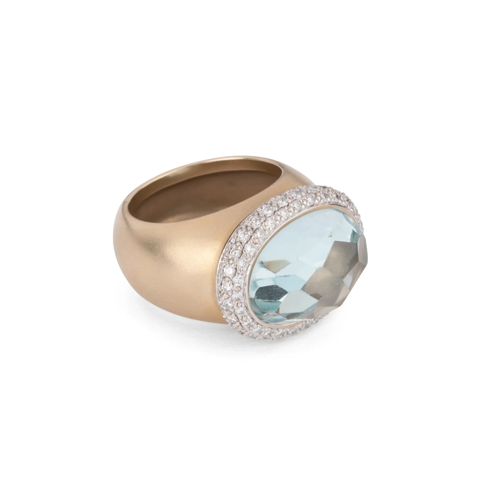 Pomellato Italian designer pink gold frosted ring set with an aquamarine