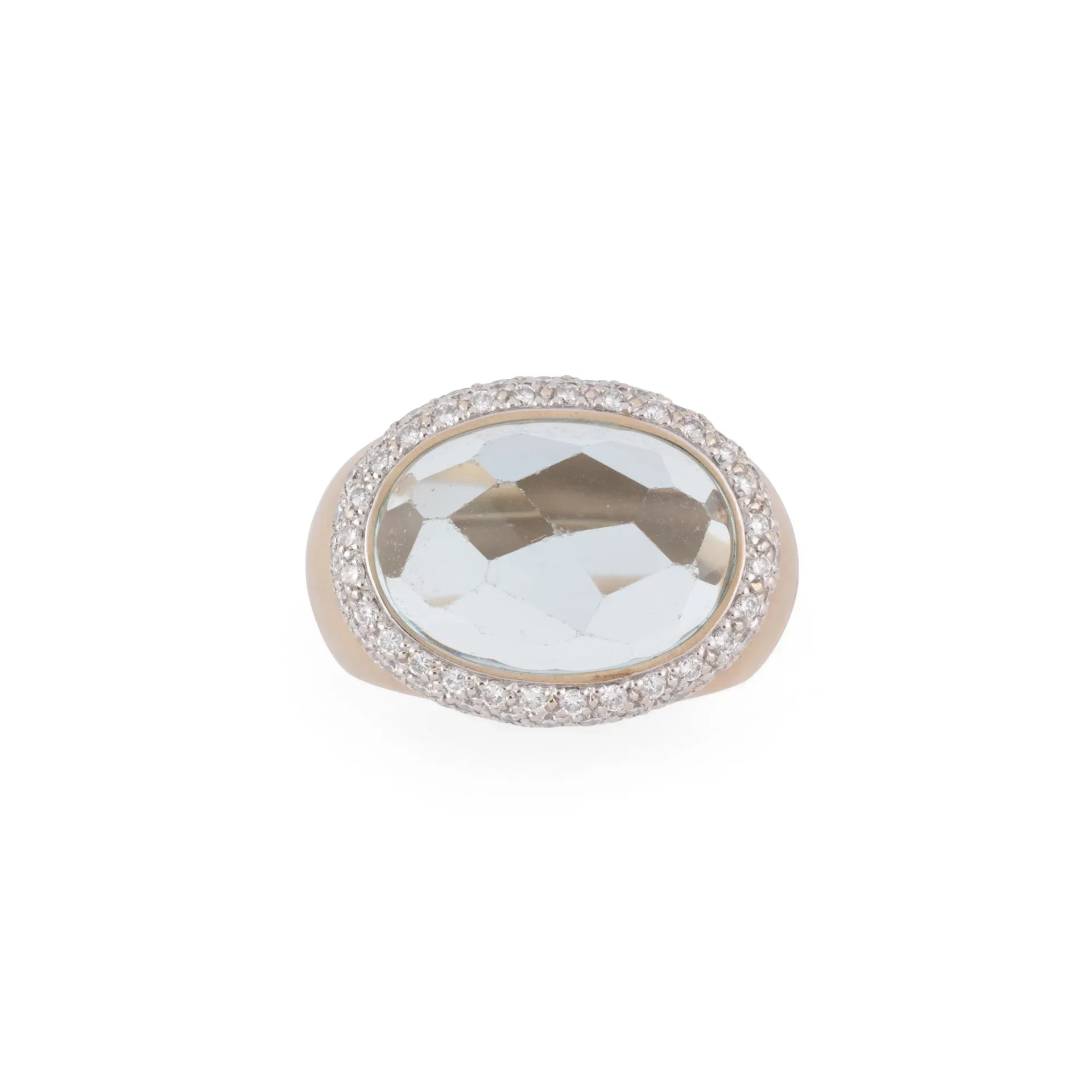 Pomellato Italian designer pink gold frosted ring set with an aquamarine