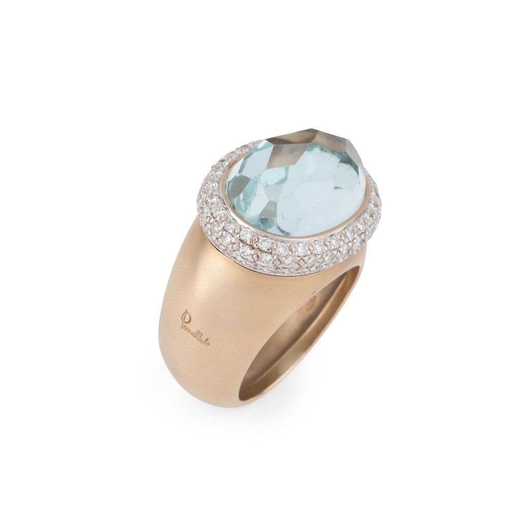Pomellato Italian designer pink gold frosted ring set with an aquamarine