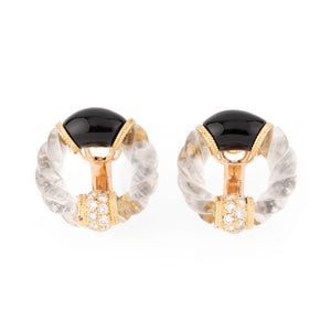 Boucle d'oreille en or jaune onyx,cristal de roche et diamant de la maison Boucheron