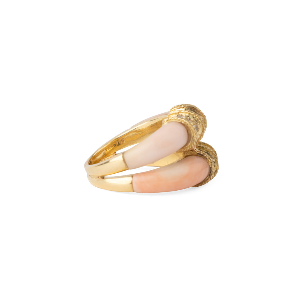 Bague double anneaux en corail peau d'ange sur or jaune