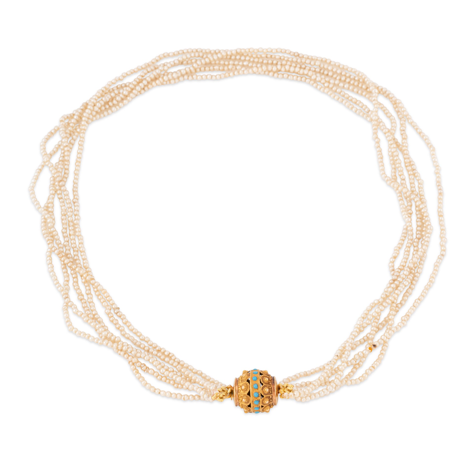 Collier multirang en perles fines, fermoir or jaune et turquoise