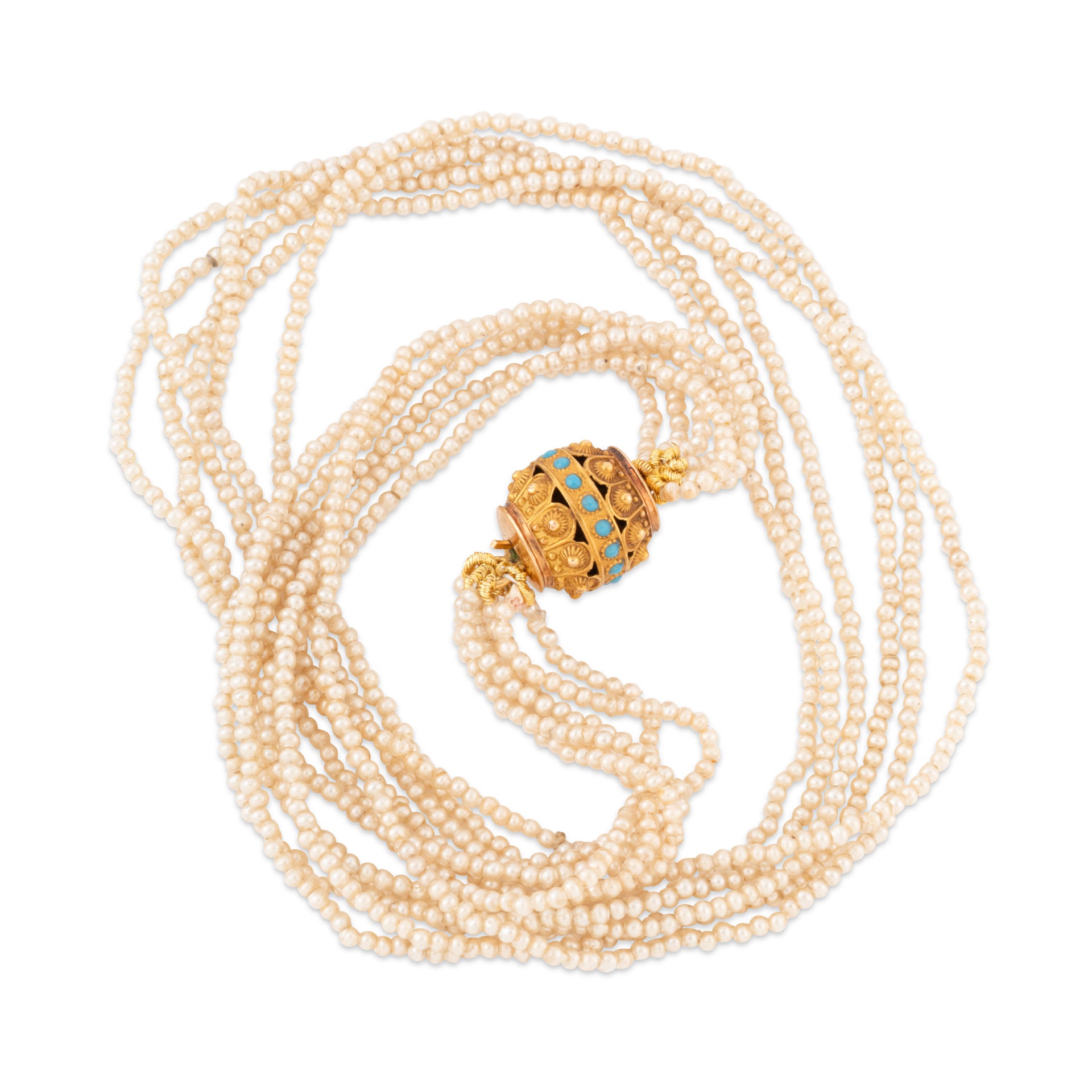 Collier multirang en perles fines, fermoir or jaune et turquoise