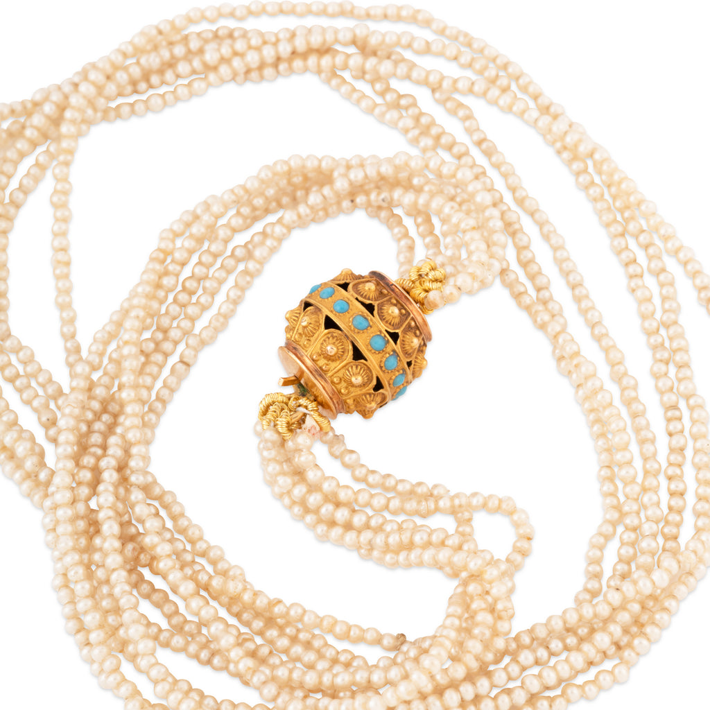Collier multirang en perles fines, fermoir or jaune et turquoise