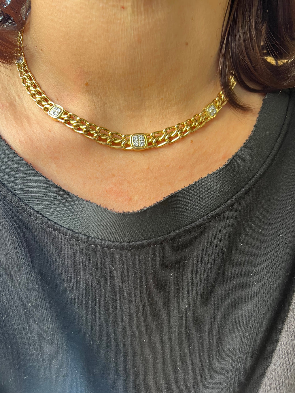 Collier or jaune maille gourmette intercalé de maillon en  diamant
