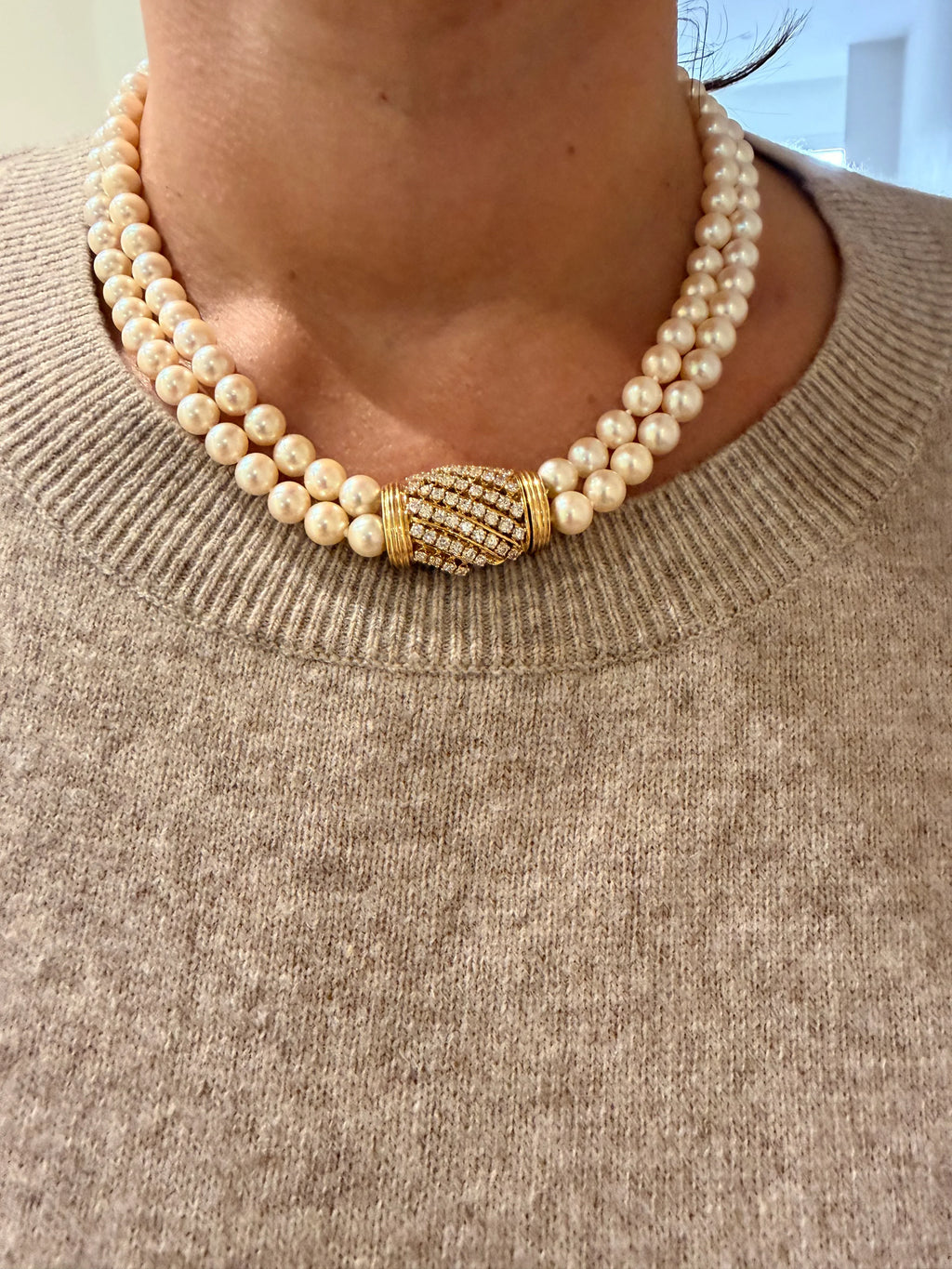 Double collier en perles de culture Akoya orné d'un fermoir or et diamant