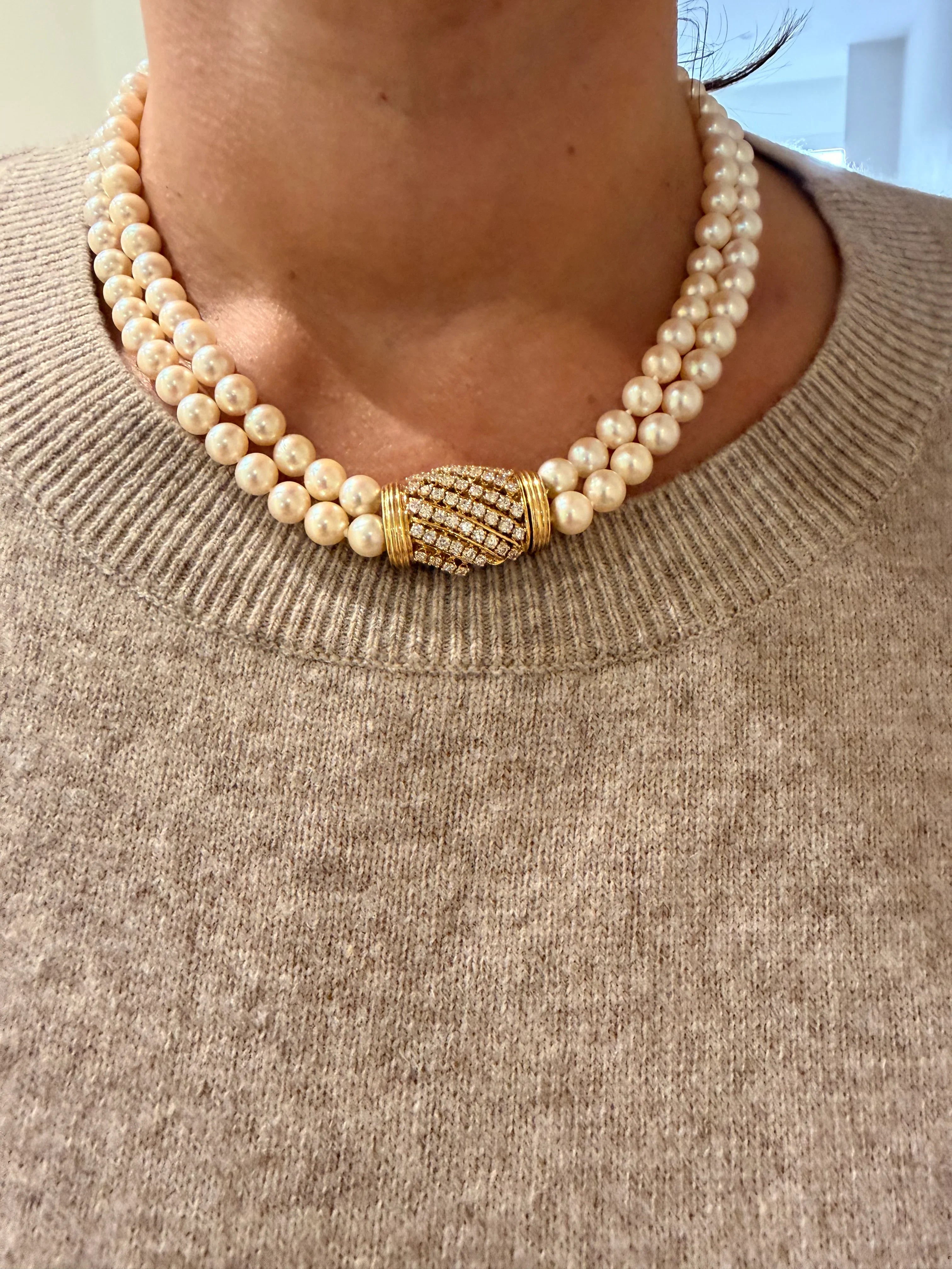 Double collier en perles de culture Akoya orné d'un fermoir or et diamant