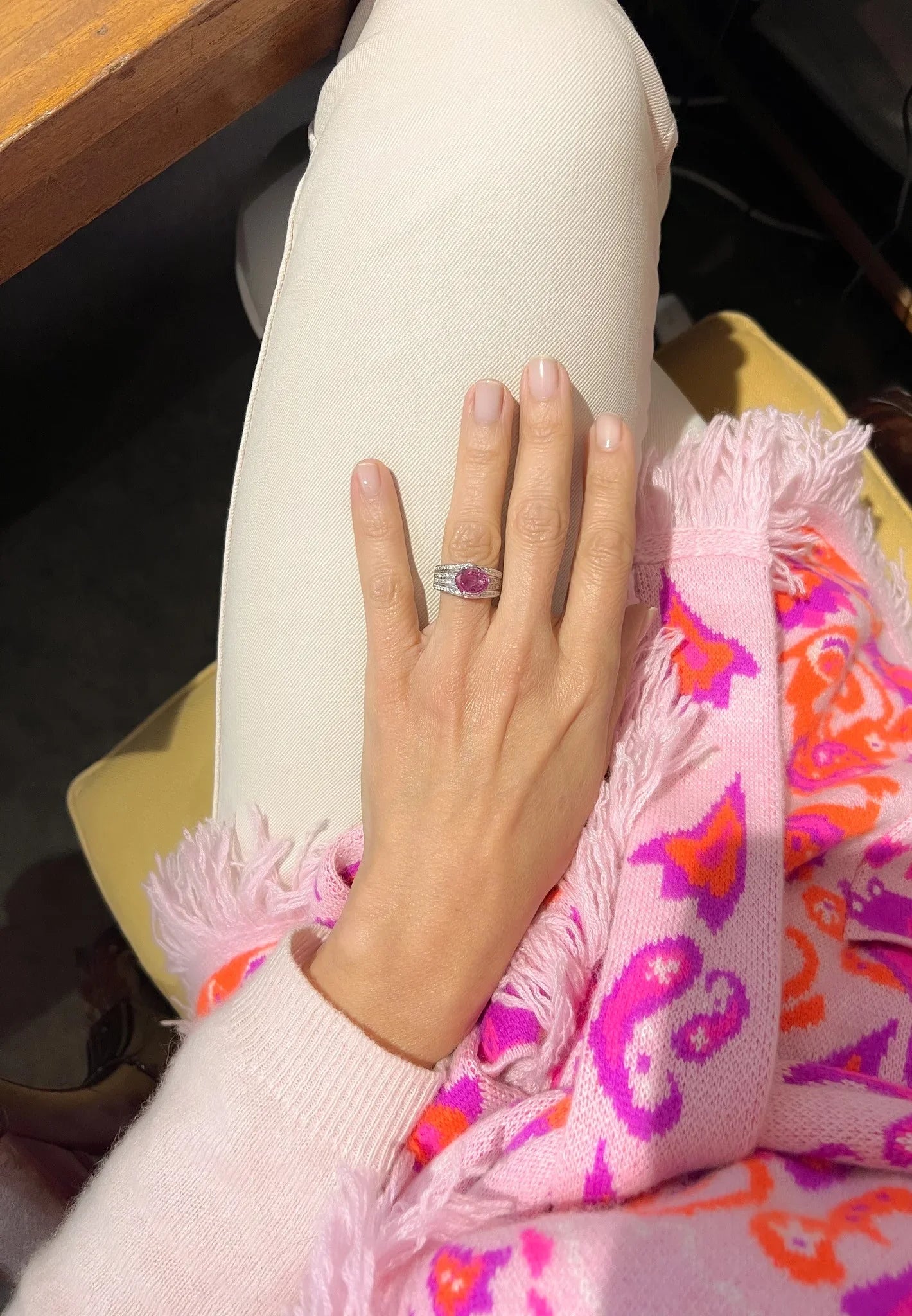 Grey gold ring with pink sapphire