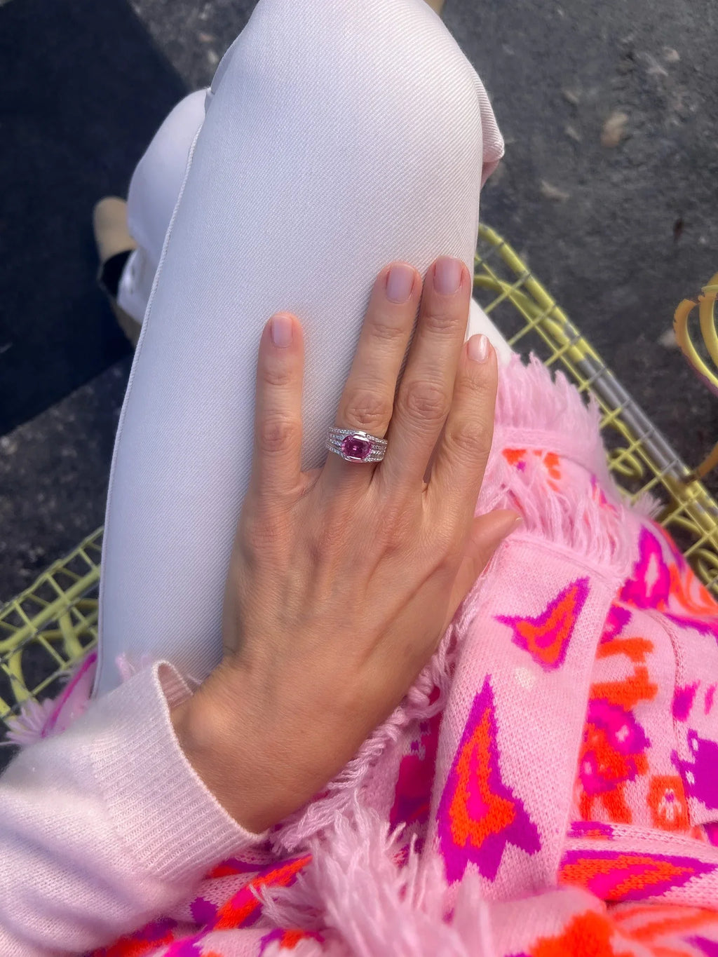 Grey gold ring with pink sapphire