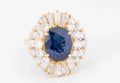 daisy ring in yellow gold with sapphire and double diamond halo