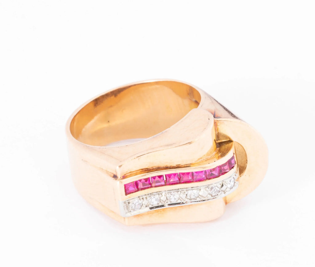 Rose gold tank ring with synthetic diamonds and rubies
