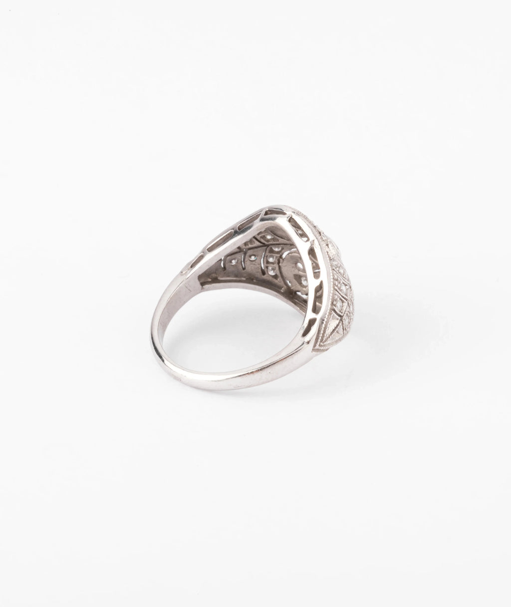 Carved gray gold and diamond dome ring