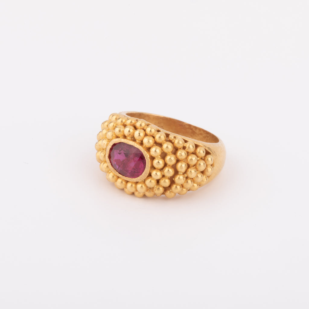 Etruscan yellow gold Ruby ring
