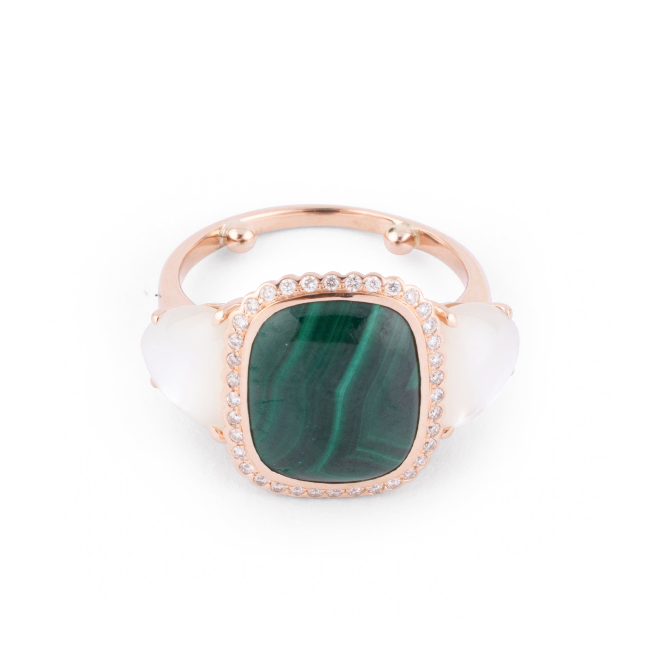 Yellow gold malachite, mother-of-pearl and diamond ring