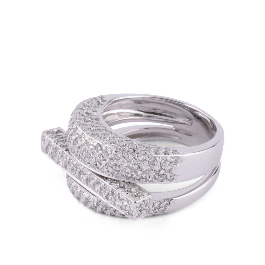 Asymmetrical white gold and diamond ring