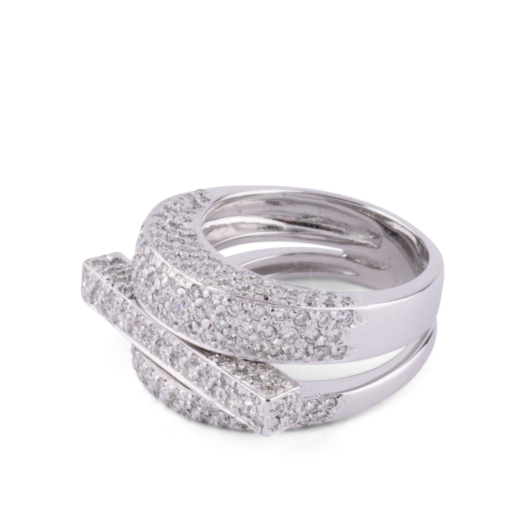 Asymmetrical white gold and diamond ring