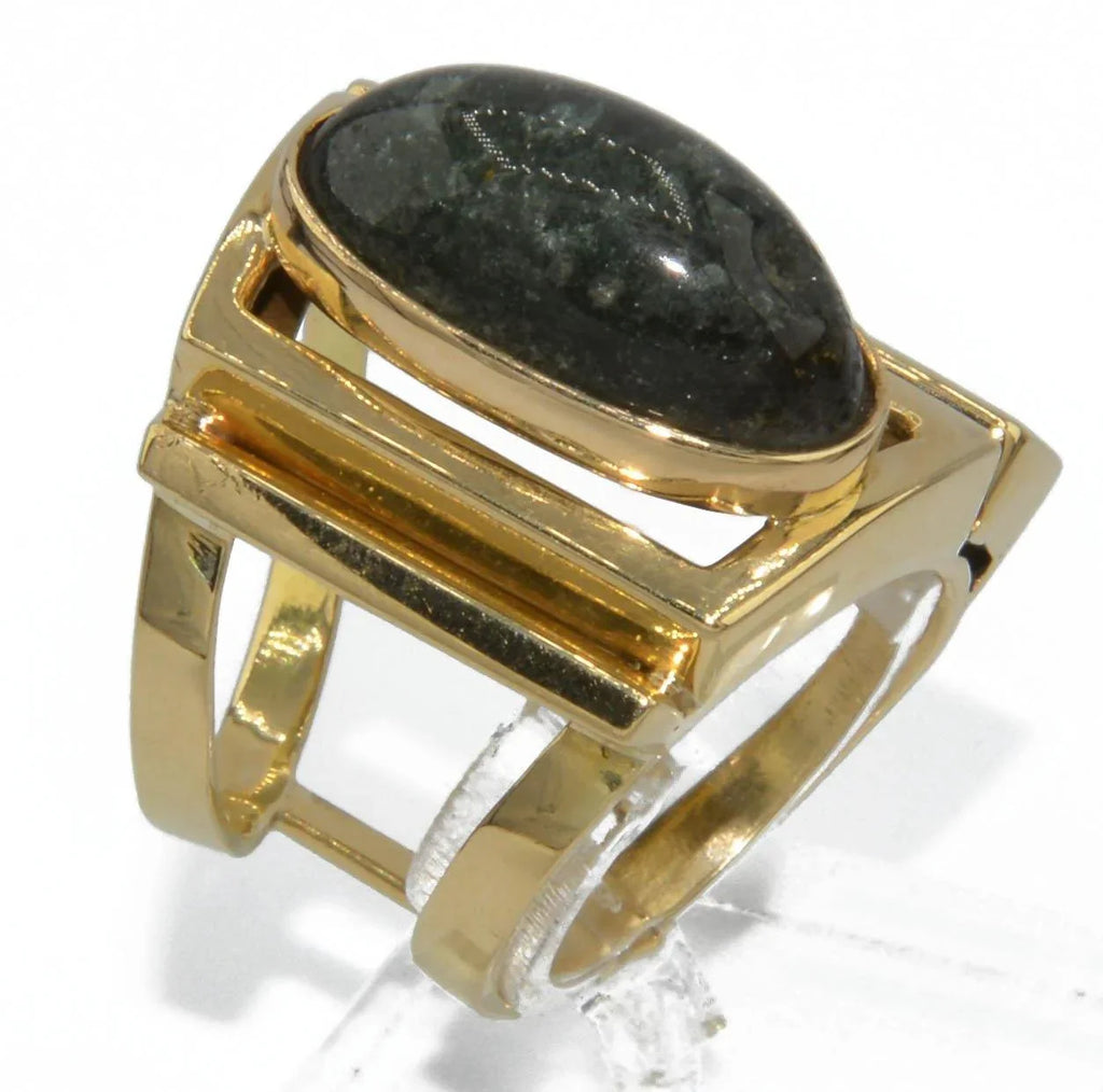 Bague géométrique or jaune ornée d'une agate mousse - adalgyseboutique