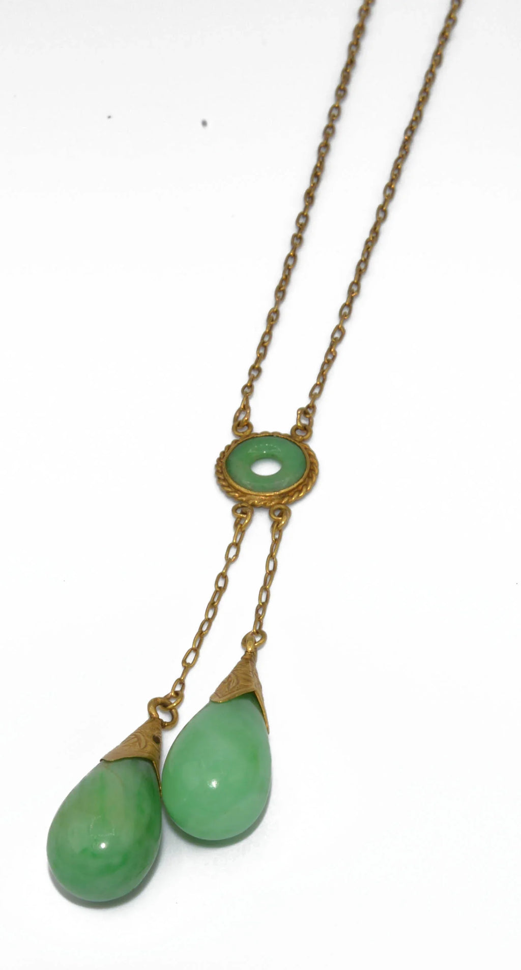 Yellow gold tassel necklace with jade beads