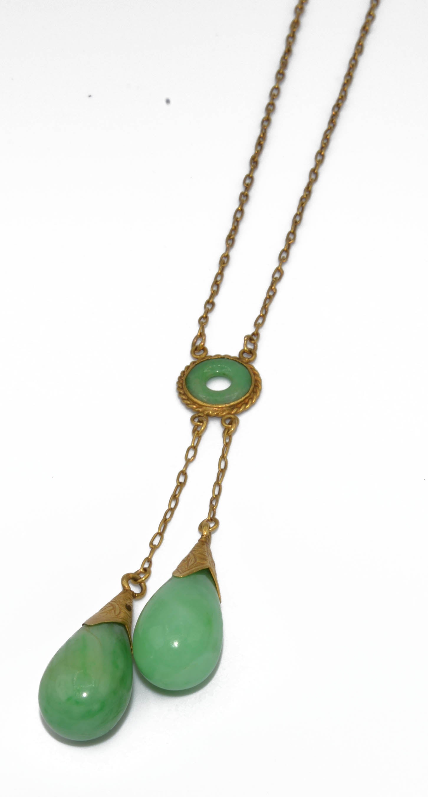 Yellow gold tassel necklace with jade beads