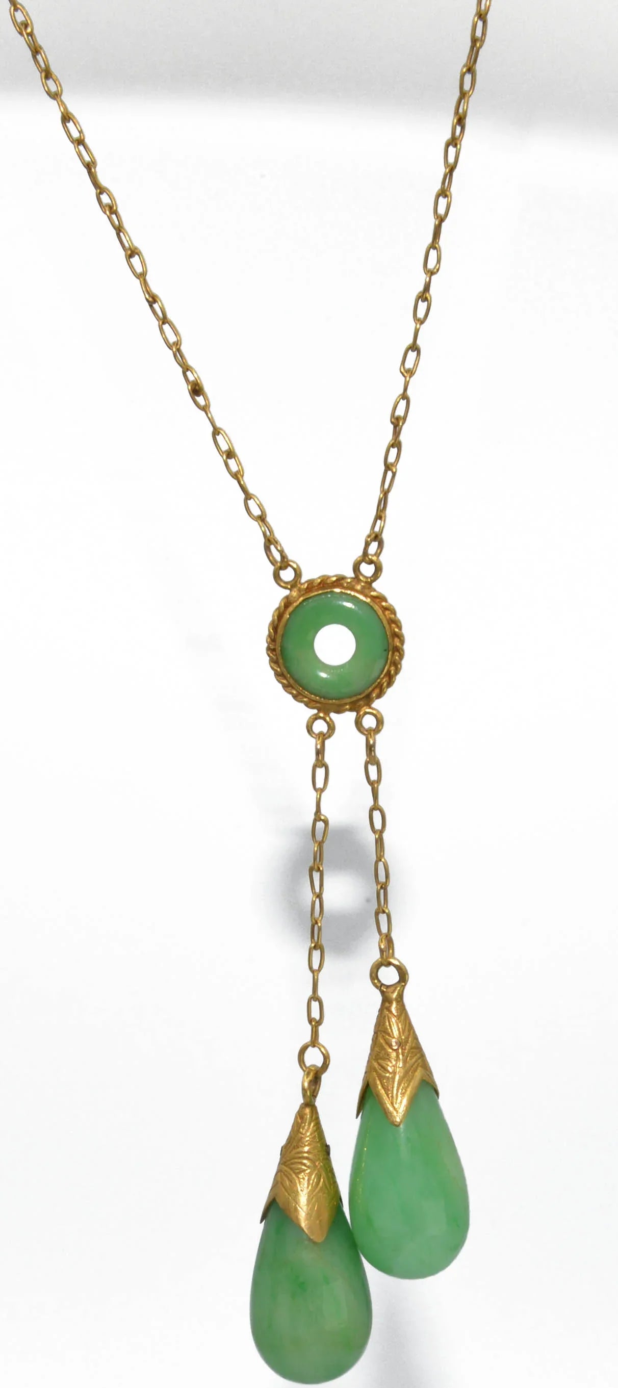 Yellow gold tassel necklace with jade beads