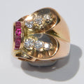 Tank ring in yellow gold with diamond and ruby