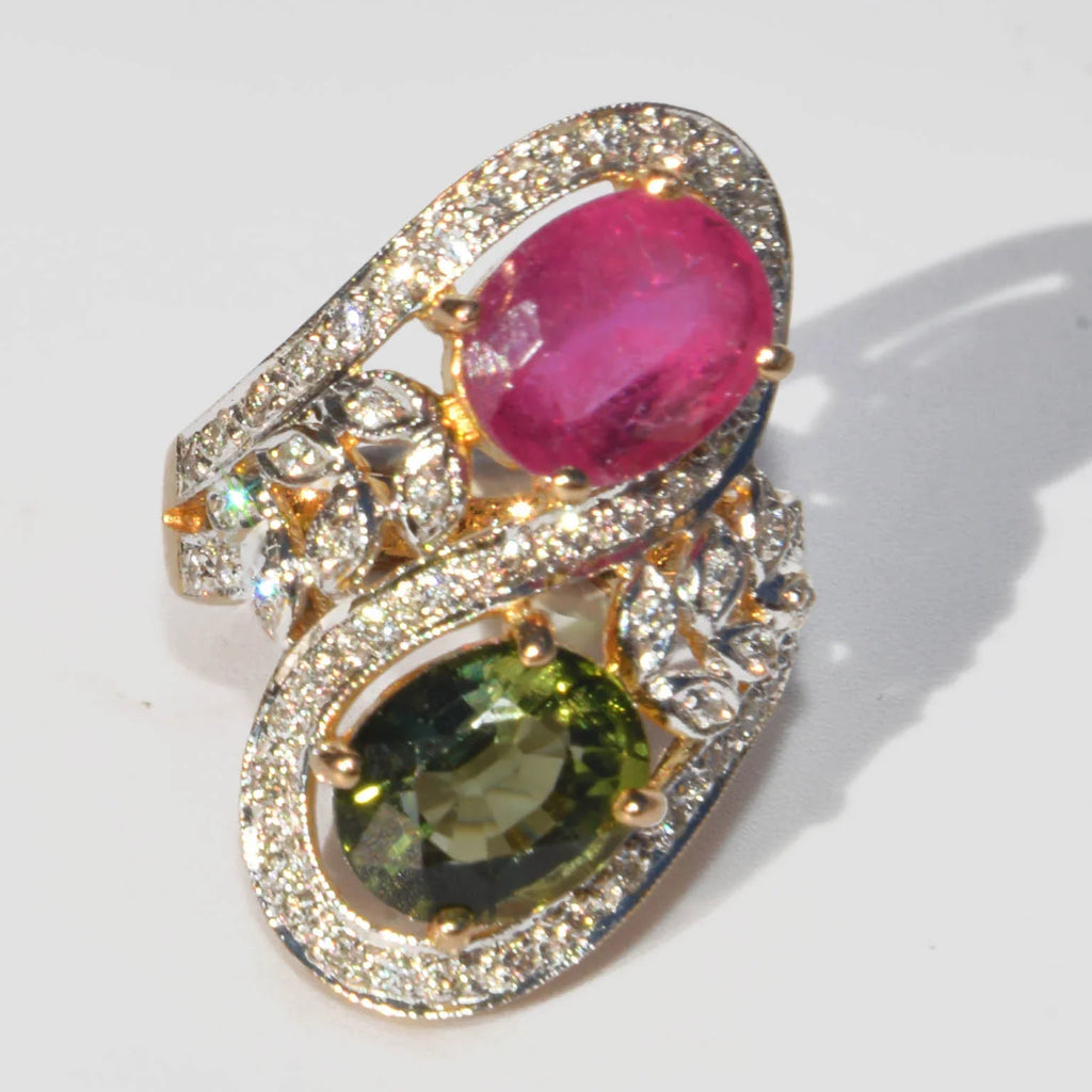 Cocktail toi et moi ring in yellow and grey gold set with tourmalines