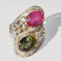 Cocktail toi et moi ring in yellow and grey gold set with tourmalines