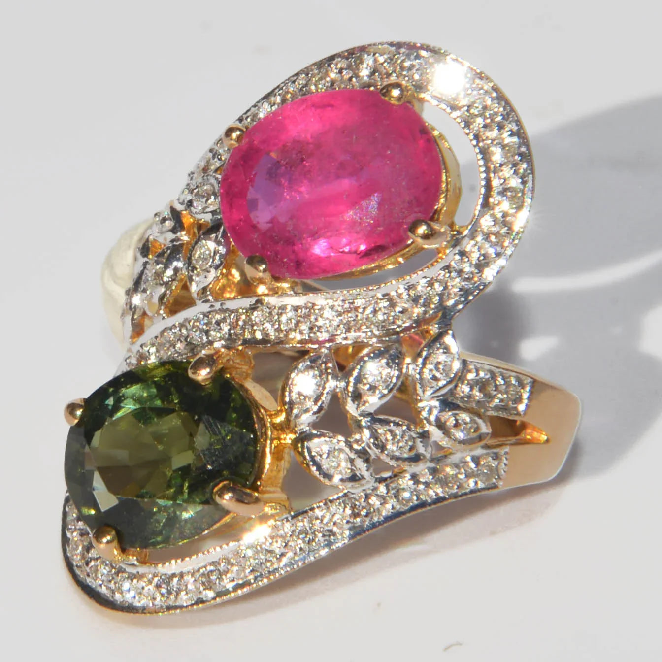 Cocktail toi et moi ring in yellow and grey gold set with tourmalines