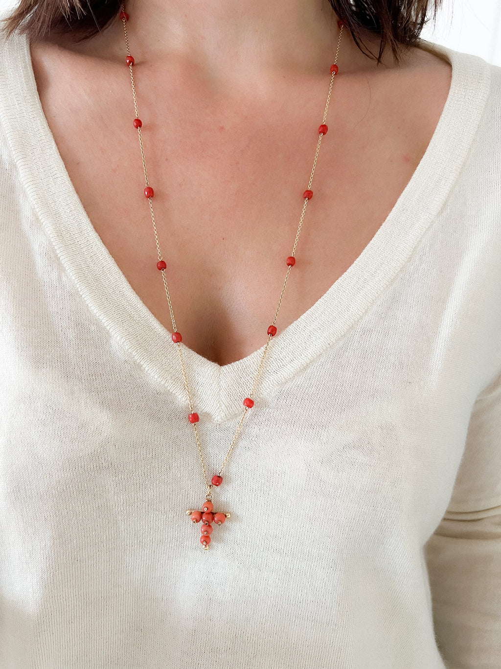 Gold and coral long necklace