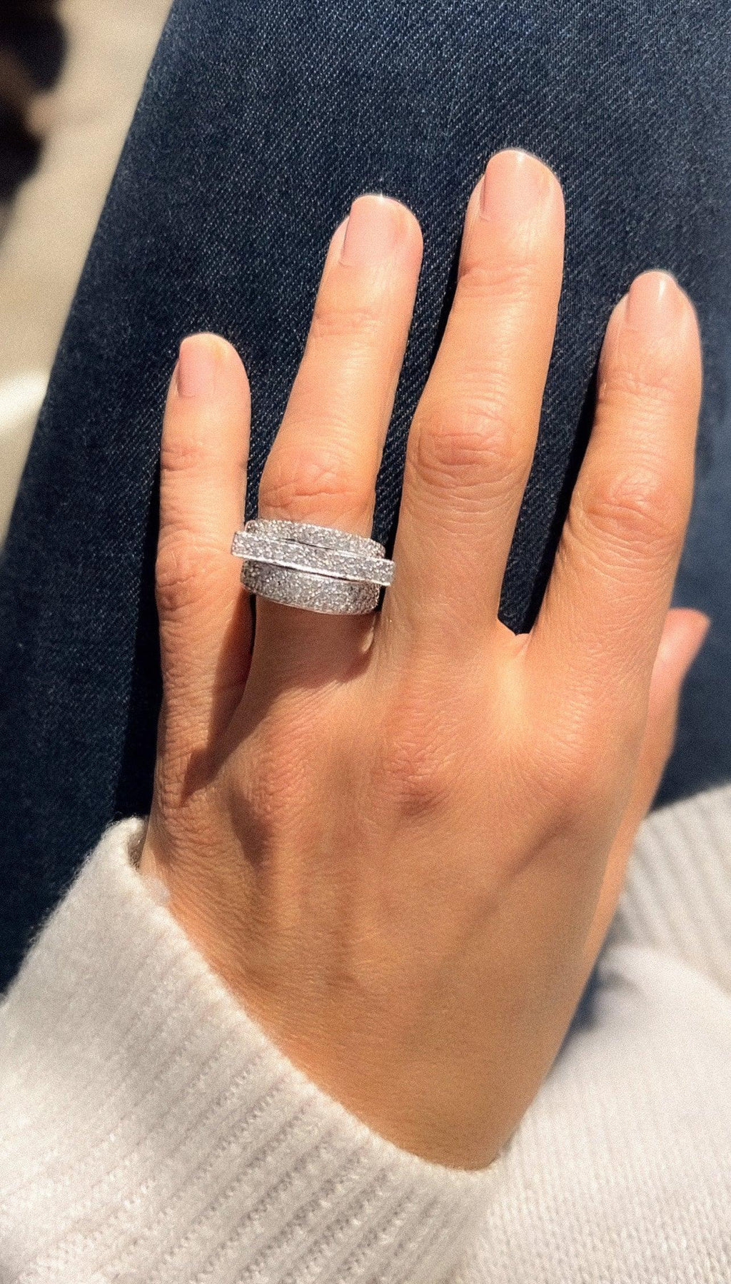 Asymmetrical white gold and diamond ring
