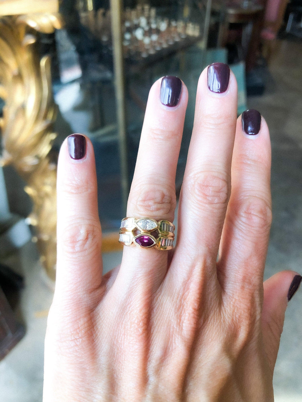Yellow gold toi et moi ring with ruby and diamond