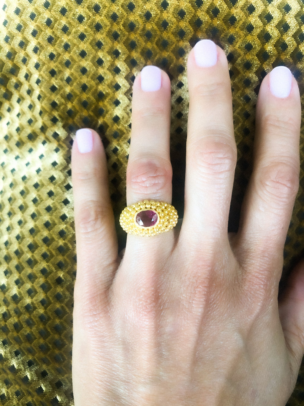 Etruscan yellow gold Ruby ring