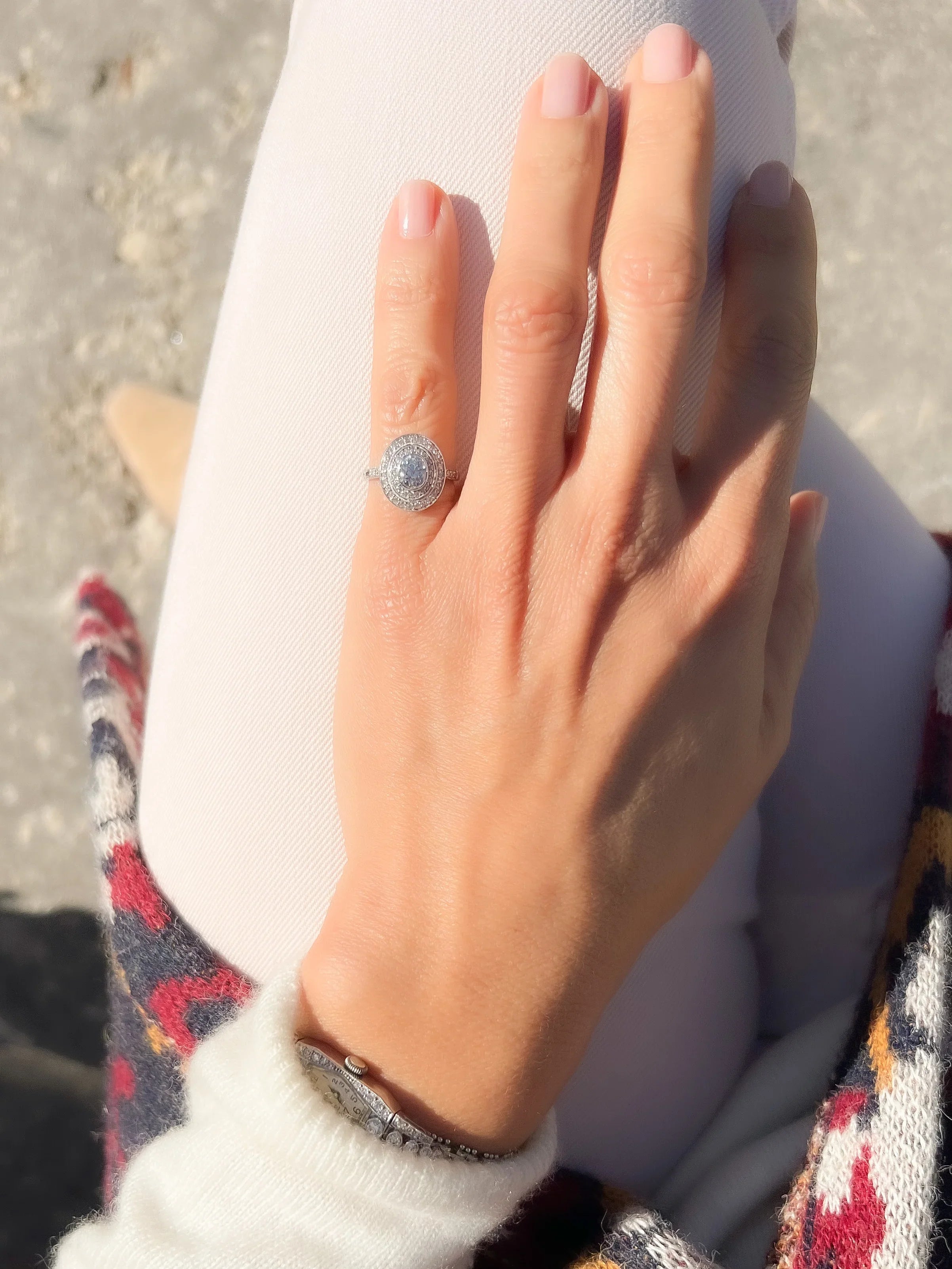Double halo platinum and diamond ring