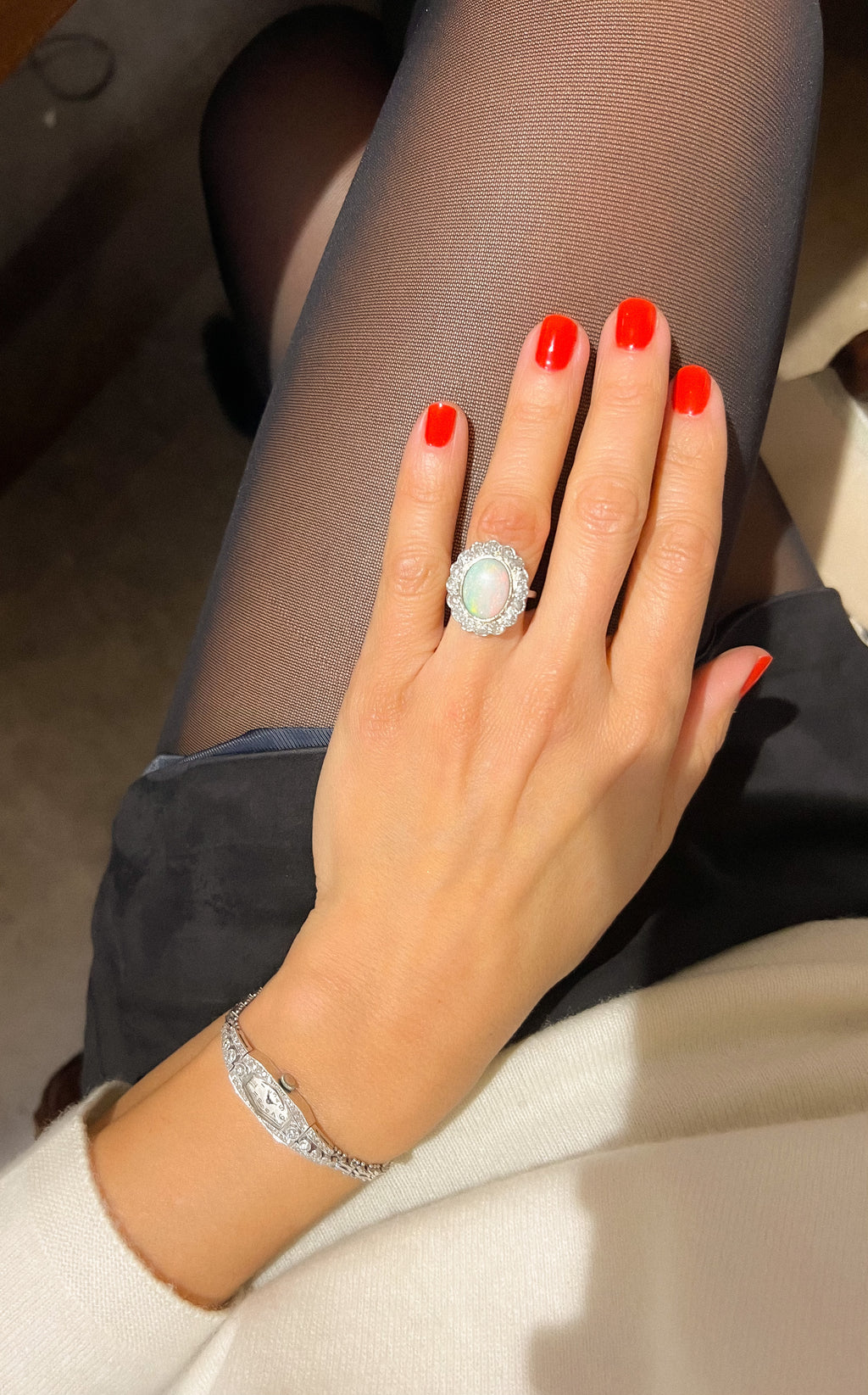 Platinum diamond and opal ring