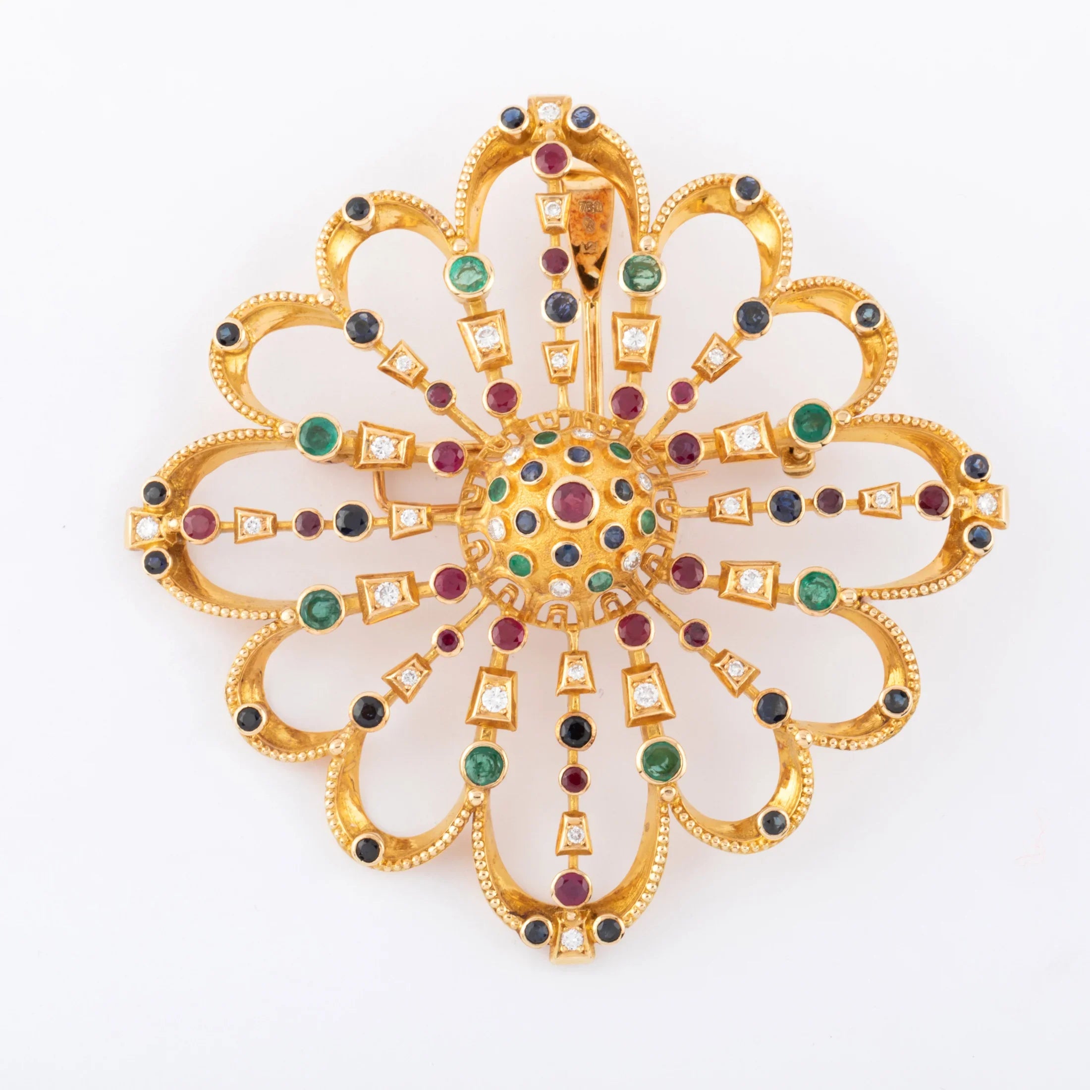 Pendentif et broche or jaune du créateur grec Lalaounis ornée de pierres précieuses