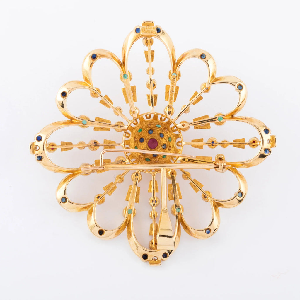 Pendentif et broche or jaune du créateur grec Lalaounis ornée de pierres précieuses