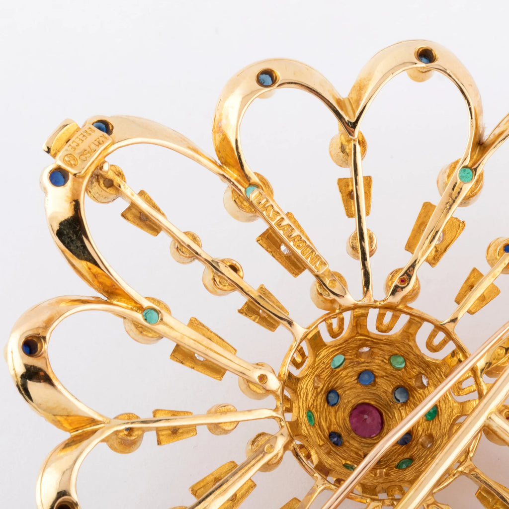 Pendentif et broche or jaune du créateur grec Lalaounis ornée de pierres précieuses