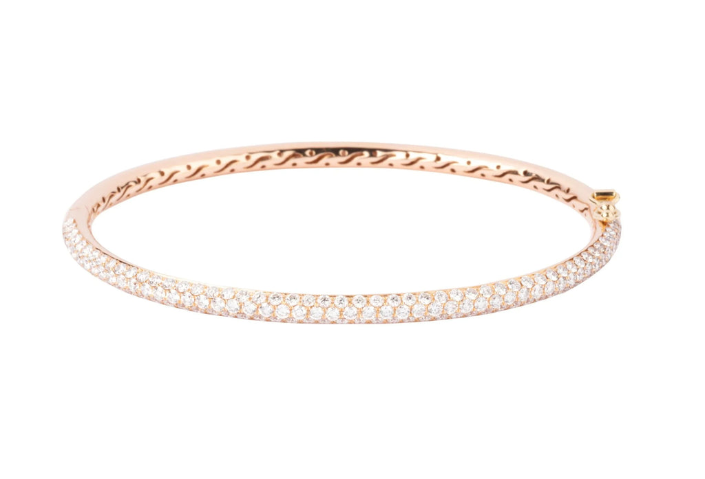 Rose gold open bangle bracelet set with 3 rows of diamonds