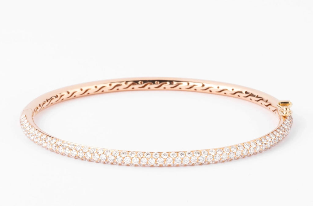 Rose gold open bangle bracelet set with 3 rows of diamonds
