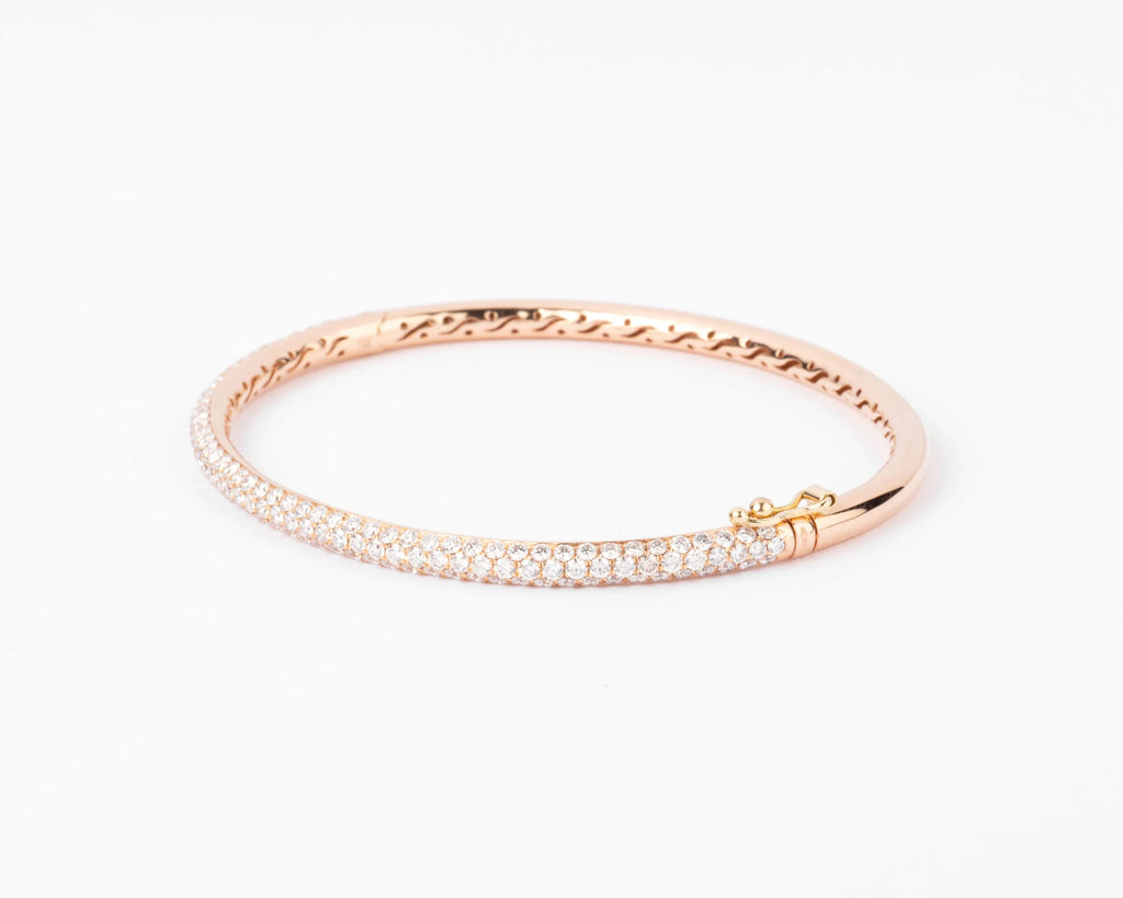 Rose gold open bangle bracelet set with 3 rows of diamonds