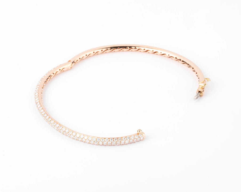 Rose gold open bangle bracelet set with 3 rows of diamonds