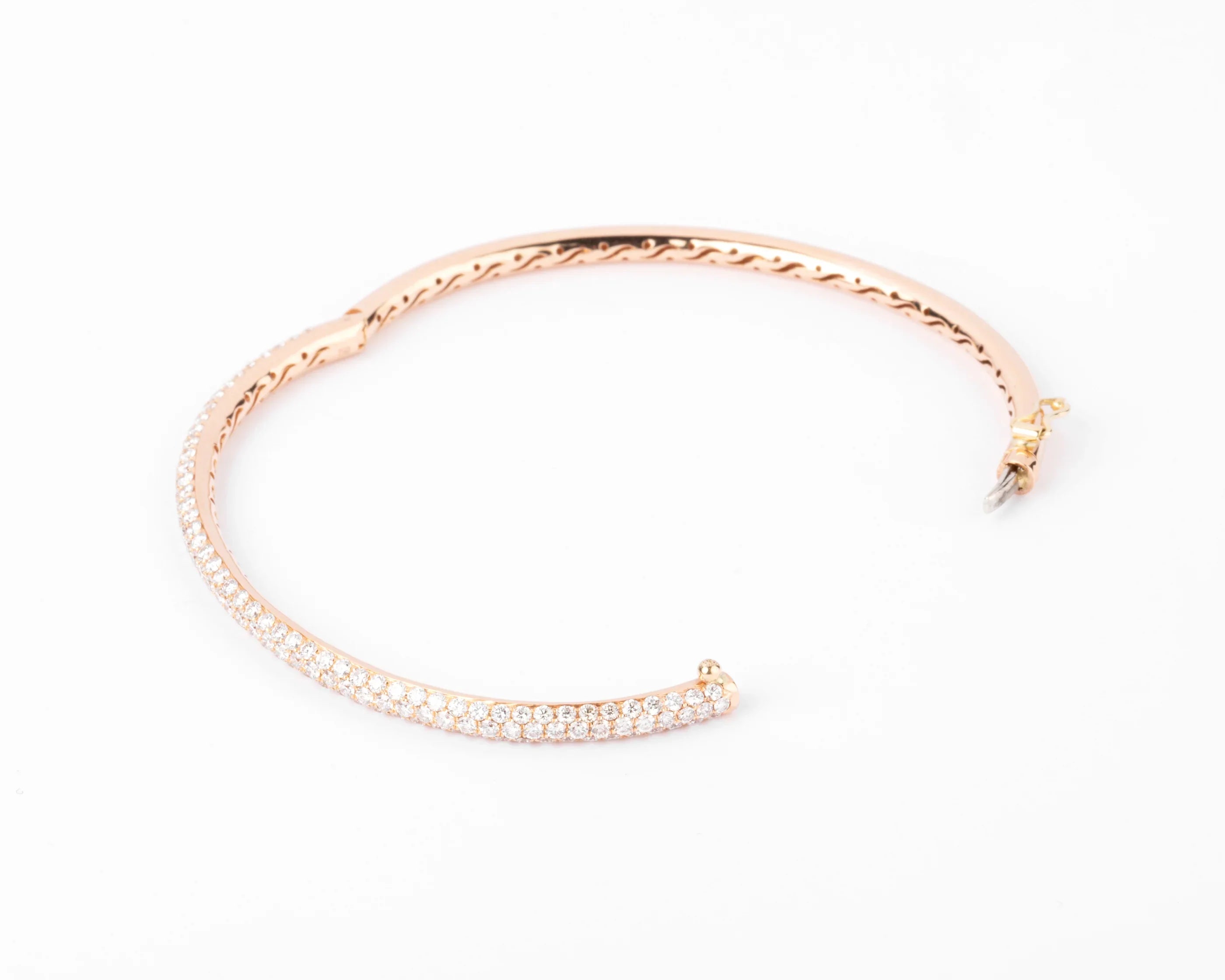 Rose gold open bangle bracelet set with 3 rows of diamonds