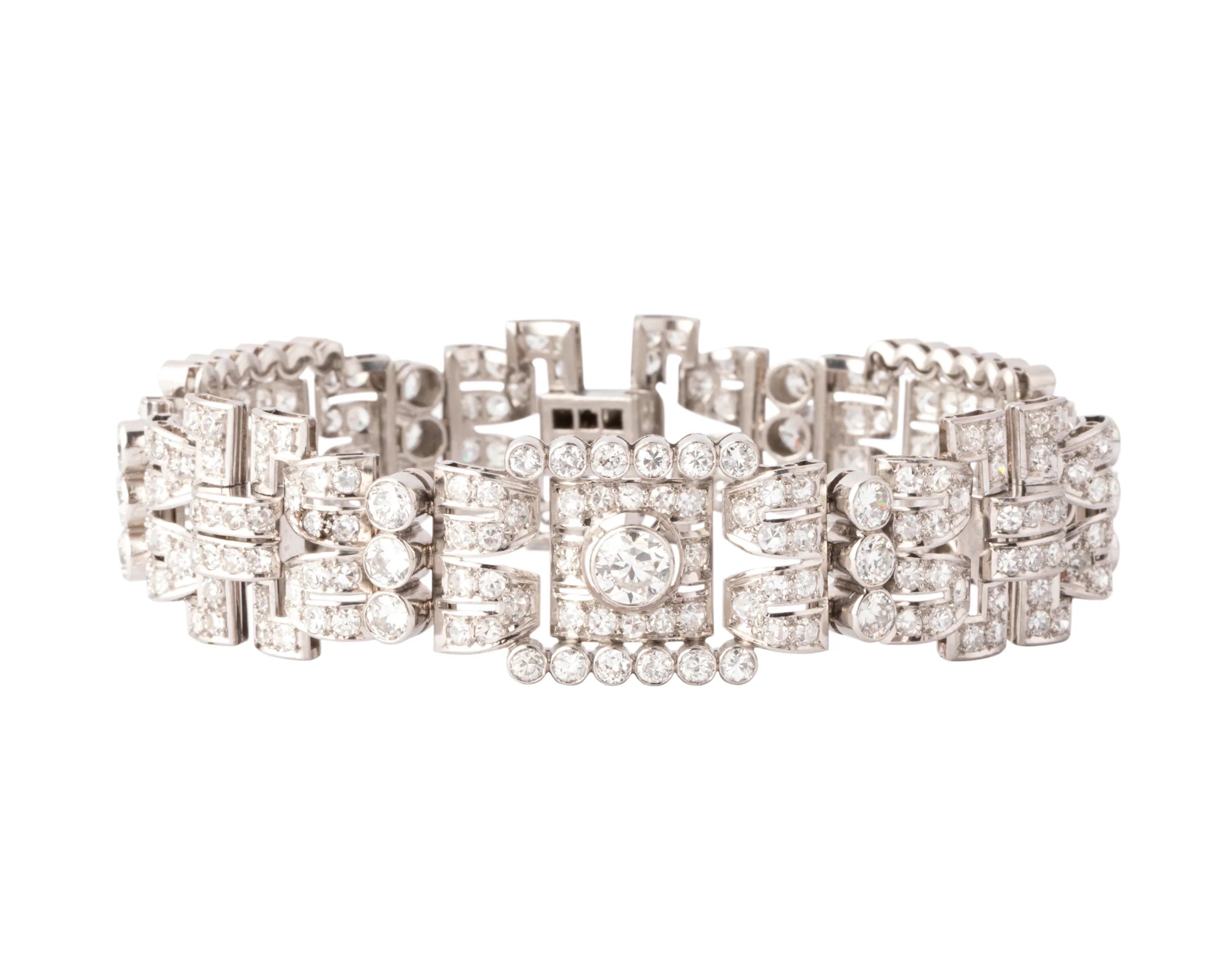 Bracelet platine et diamant art décot à motifs rectangulaires
